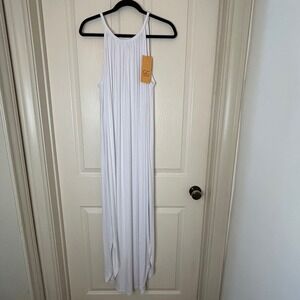 NWT GRECERELLE White Halter Neck Maxi Dress Side Slits Pleated Top Size XL